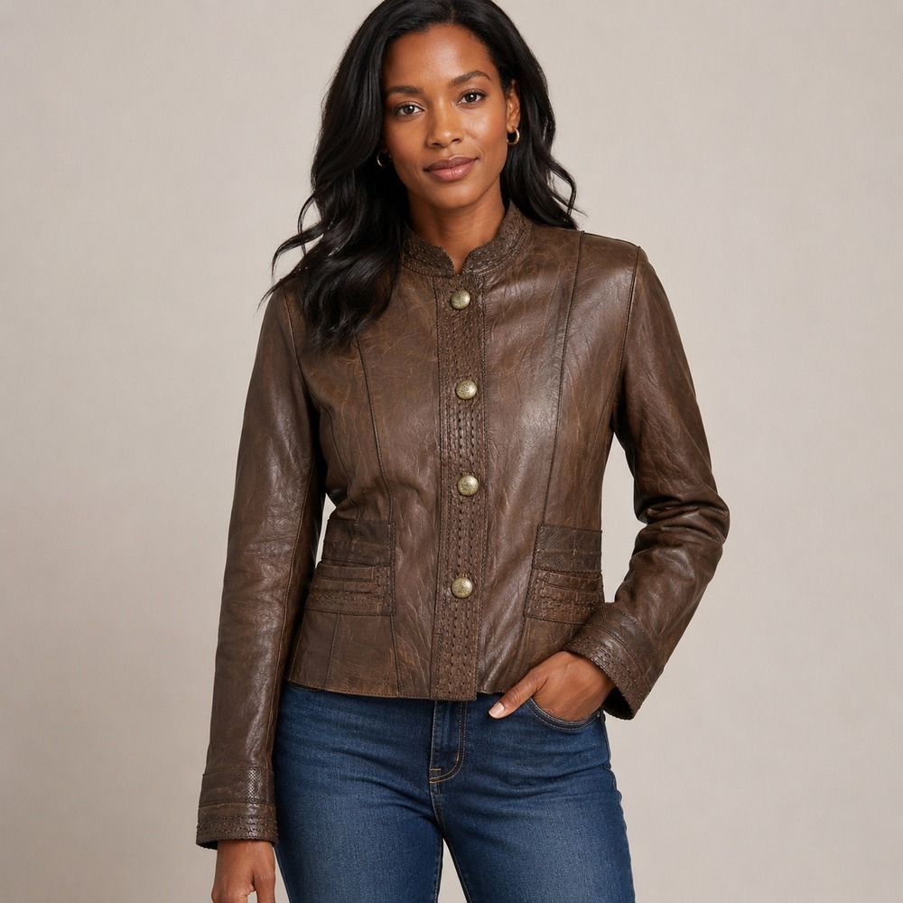Cole Haan Jacket Lambskin Leather Whipstitch Womens 8 Brown 356M1593-MOC Etched